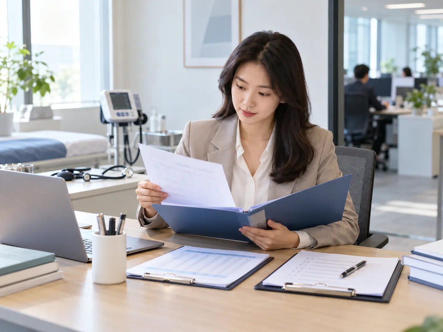 직원 건강검진 청구서와 복리후생비 자료를 확인하는 담당자